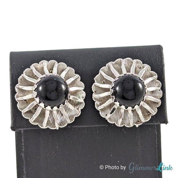 Vintage 60s Sarah Coventry Sunburst Black Cabochon Silver Tone Clip On Earrings - Picture 3 of 11